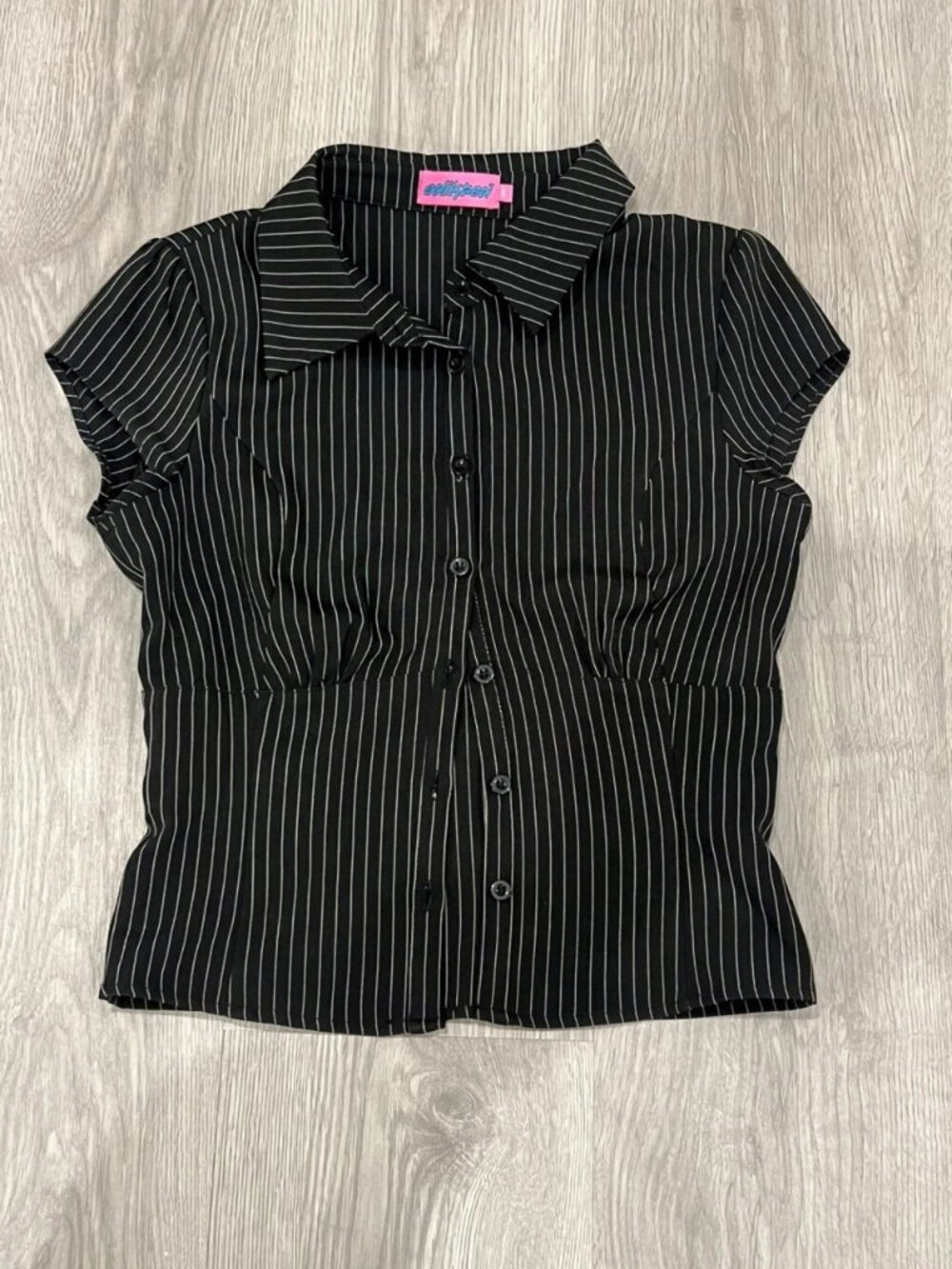 Pinstripe Button Up Fitted Short Sleeve Shirt XS